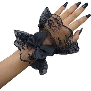 Women's Front Wrist Cuff Floral Lace Bow Wrist Black Bridal Prom Gloves